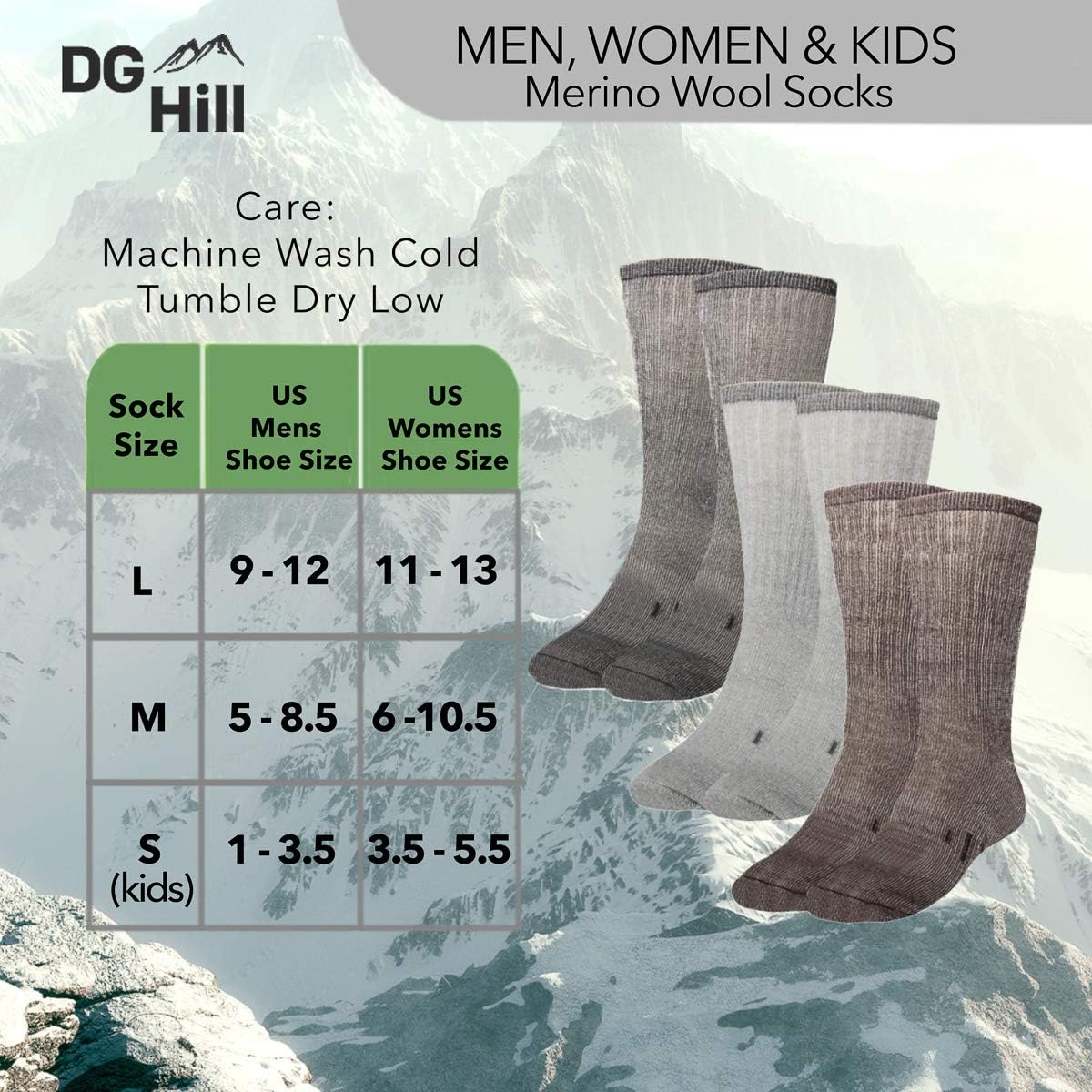 DG Hill 3 Pairs 80% Merino Wool Socks for Men and Women, For Hiking, Crew Style, (Black, Gray, Brown): Clothing