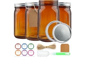 CARBLIN 4 Pack Amber Wide Mouth Canning Jars with Airtight Lids, 32 oz Glass Pint Jars for Jam Fermenting Preserving