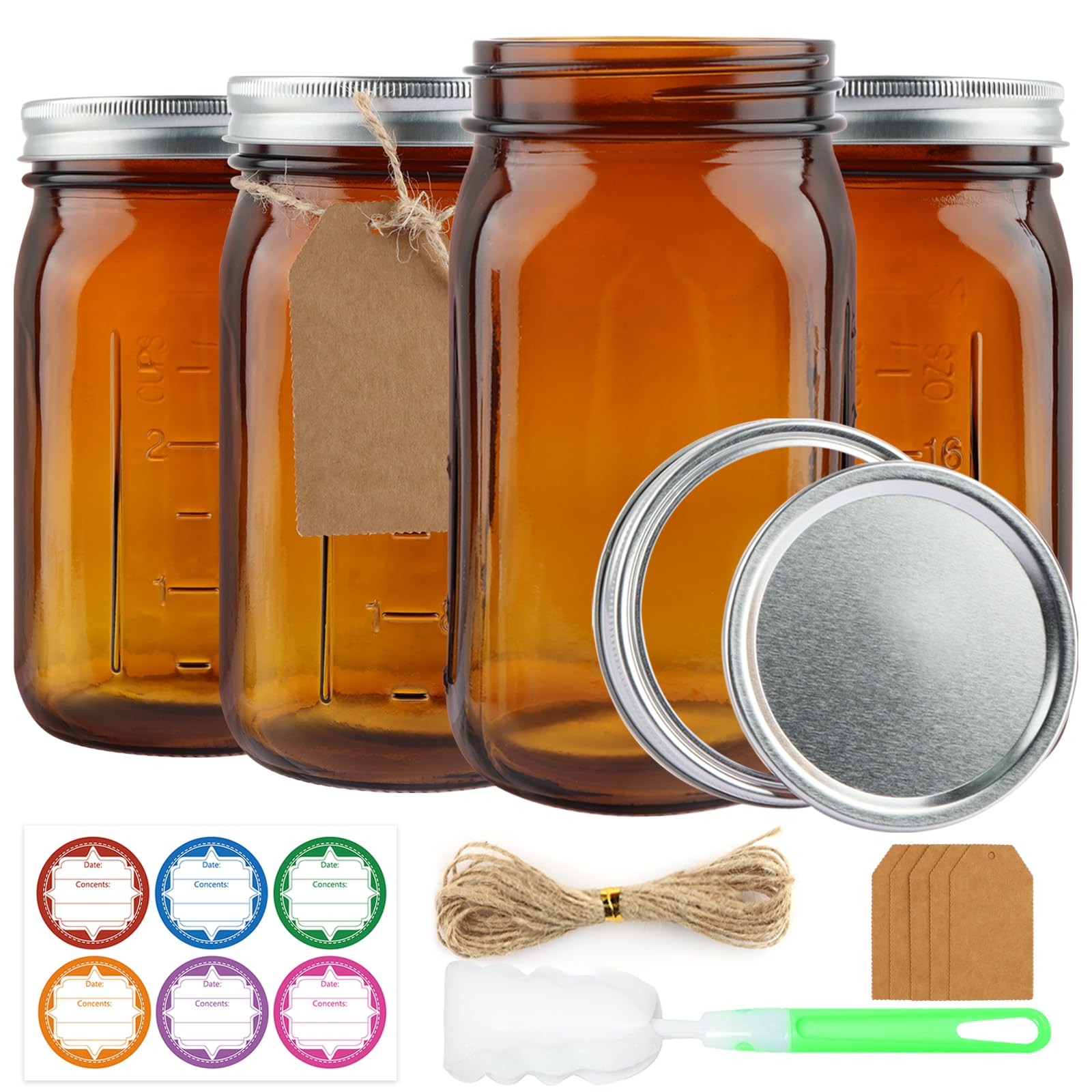 Photo 1 of CARBLIN 4 Pack Mason Jars 32 oz, Amber Wide Mouth Canning Jars with Airtight Lids, Glass Pint Jars with Bands Labels Brush, Large Storage Quart Jars for Jam Fermenting Preserving