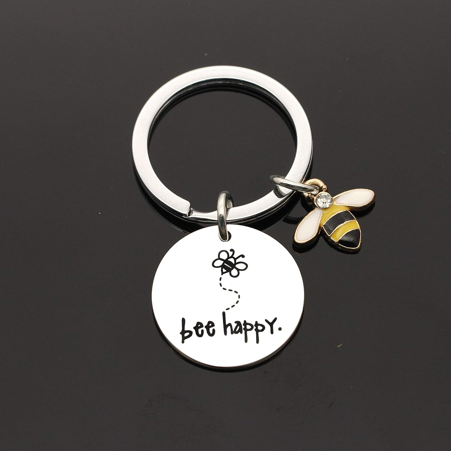 Maxforever Bee Happy Keychain for Women Gifts for Mom Aunt Daughter Niece Friends Silver L Silver., Large - Image 5