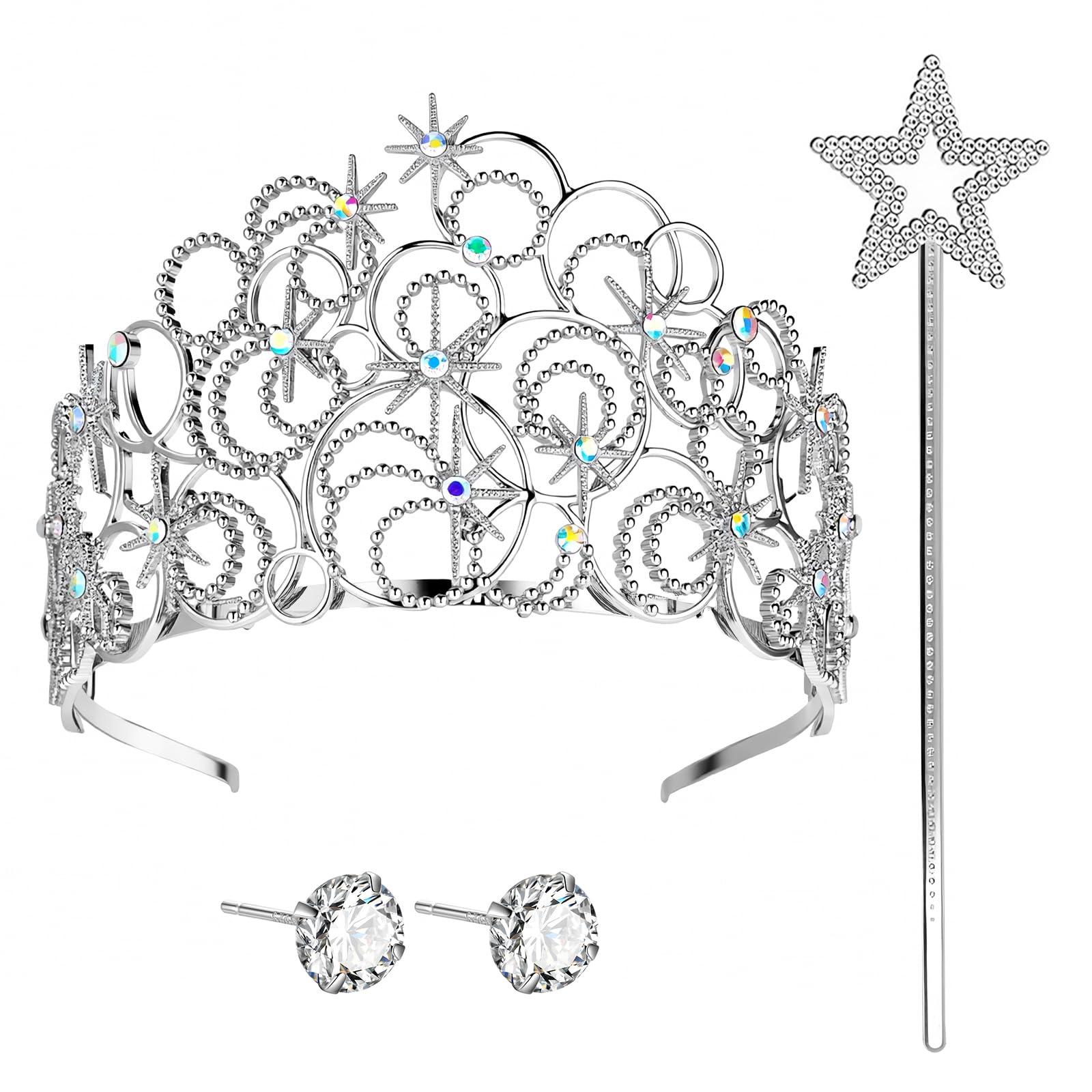 Jokureao 3Pcs Crystal Crown Tiara Set for Women, Silver Princess Headpiece with Star Wand and Stud Earrings, Elegant Birthday Wedding Fancy Dress Costume Accessories