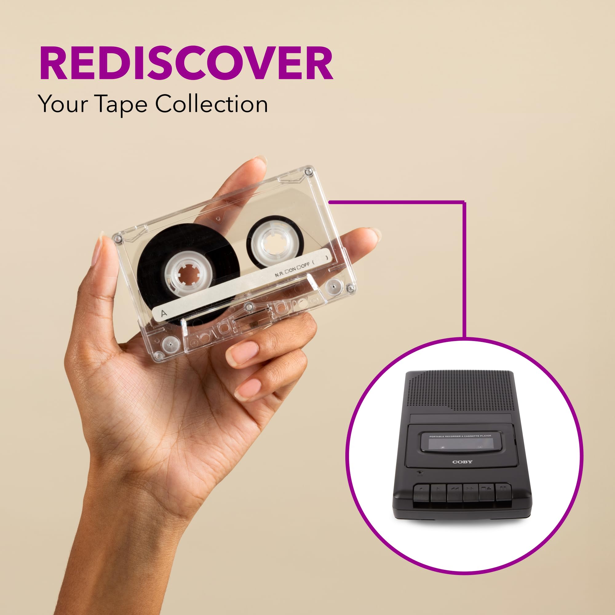 Coby Portable Cassette-Tape Player and One-Touch Recorder Bundle with External Boom Mic, One-Touch Recording, Auto-Stop Feature, and Built-in Handle, Retro Battery-Operated Design, 2 Items Total