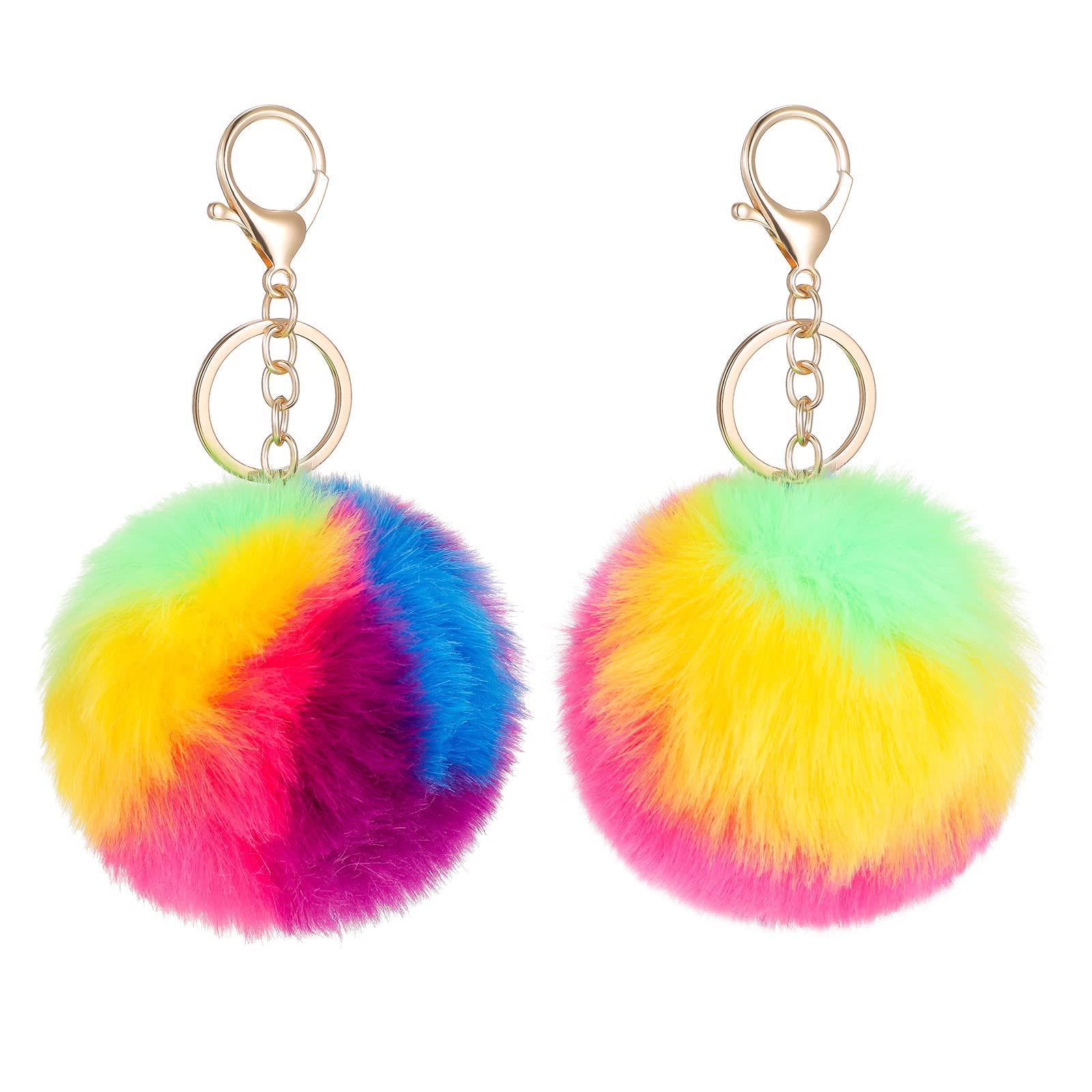 Otuuz 2 Pcs Fluffy Keychain Rainbow Pom Pom Keyring 3.9 Inch Soft Plush Keyring Faux Fur Ball Pendant with Gold Plated Key Ring for Women Girl Handbag Backpack Hanging Decoration