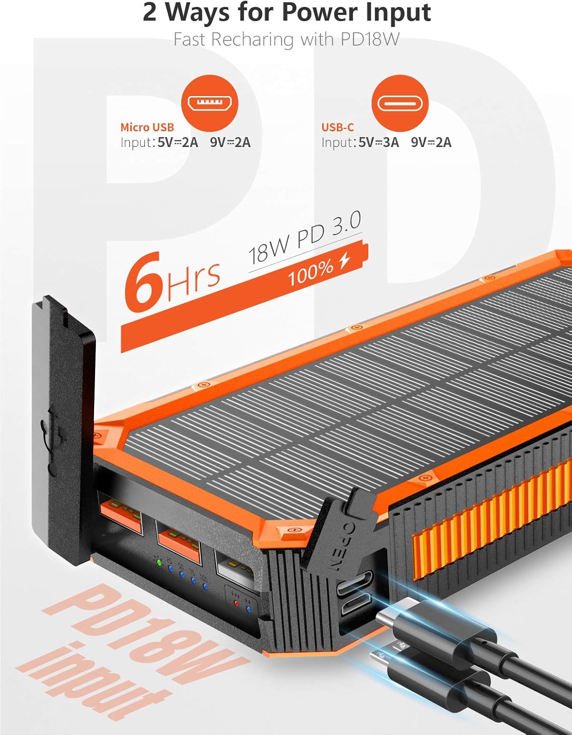 Solar Charger 30000mAh, Solar Power Bank, PD 18W Quick Charge with 4 Outputs & Dual Inputs, External Backup Battery Huge Capacity Phone Charger for iOS and Android(Orange)