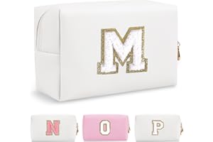 CHAOGREAT Personalized Initial A-Z Preppy Patch Makeup Bag,Waterproof PU Chenille Letter Travel Cosmetic Pouch with Zipper,Cute Toiletry Organizer Bag,Gift Ideal for Women Teacher Bridesmaid,Letter M