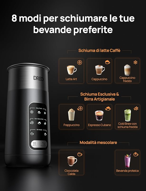 Montalatte Elettrico, 8-in-1 Montalatte per Latte, Cappuccino, Cioccolata Calda, 270ml Milk Frother in Acciaio Inossidabile per Schiuma Calda e Fredda, LED, Facile da Pulire