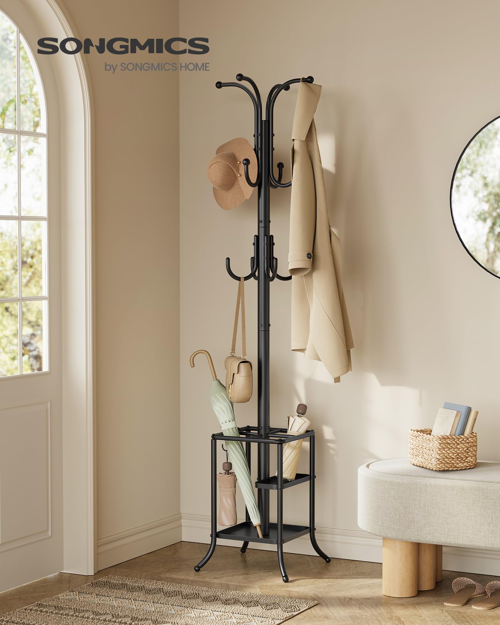 Condition photo showing As Is for songmics coat rack freestanding with umbrella holder, metal coat rack stand with 12 hooks, for entry