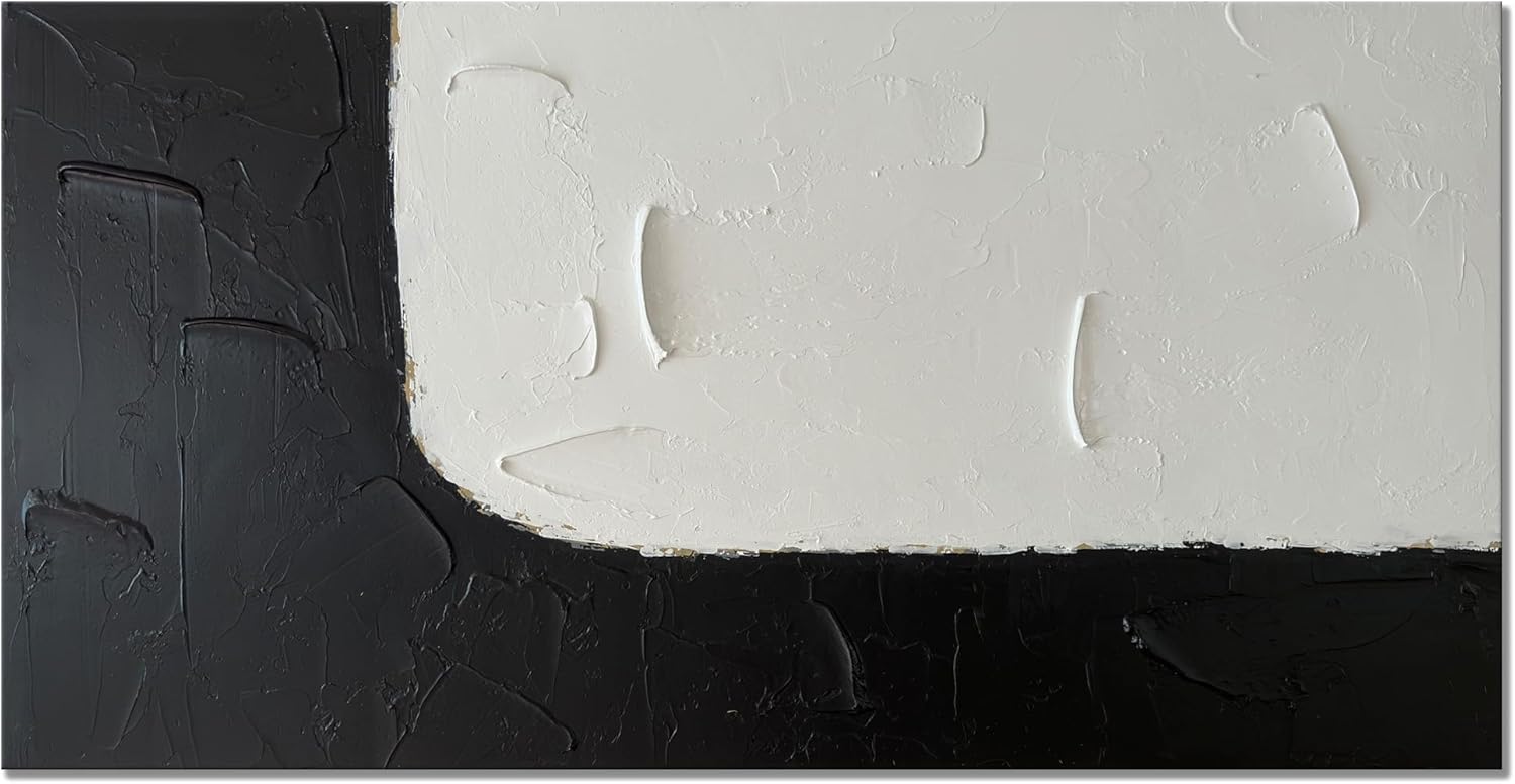 Paintings - zoinart Handmade Large Black and White Canvas Wall Art 48x24 Inches Abstract Wall Paintings Modern Contemporary Textured Framed Wall Art Minimalism Artwork for Home Decorations