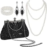 Siifert 4 Pcs 1920s Accessories Set Flapper Costume Pearl Jewelry Set Include Beaded Sequin Clutch Evening Bag with Chain Pearl Necklace Bracelet Dangle Earring for Women Wedding Party