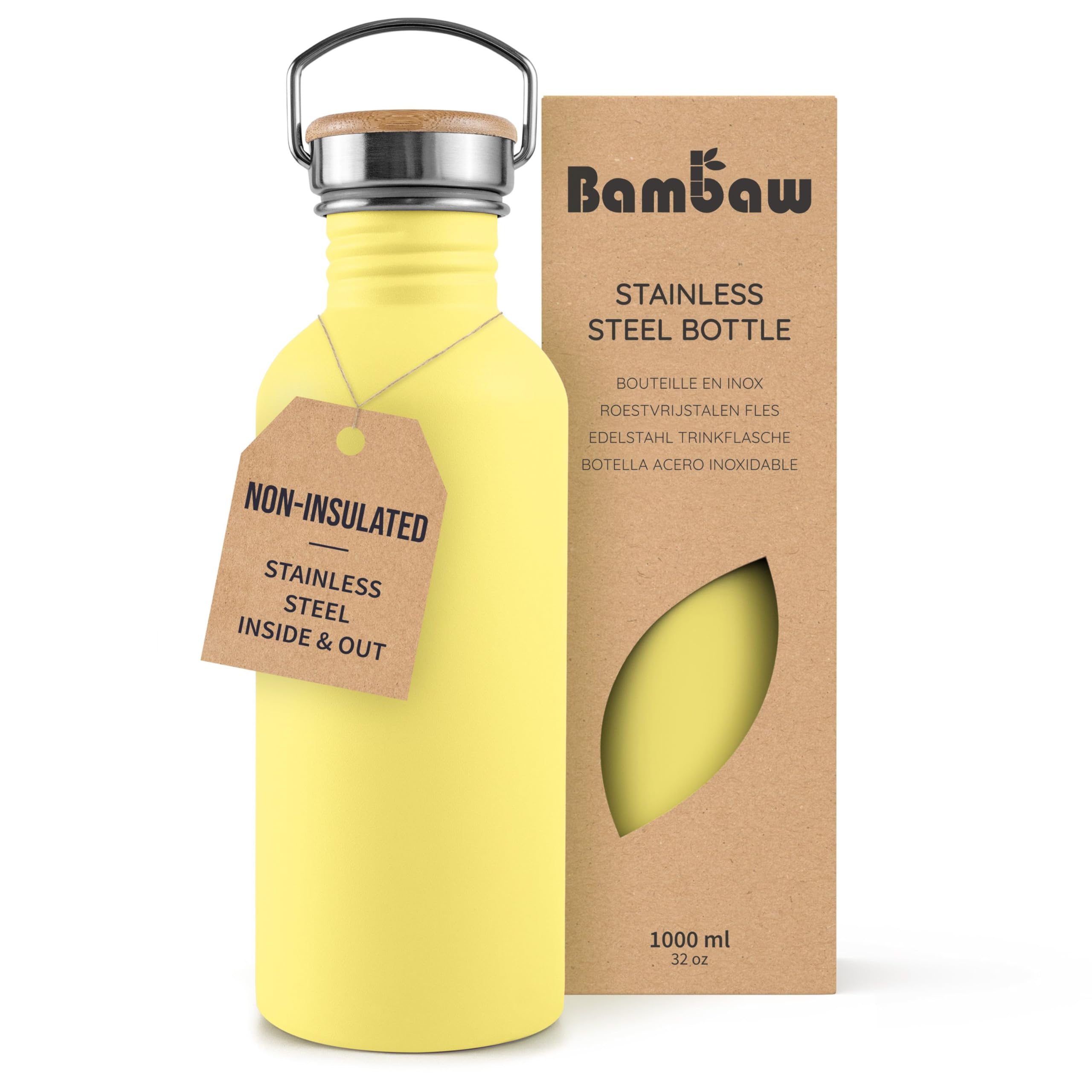 Bambaw Stainless Steel 1L Water Bottle - Yellow, Leak Proof & Reusable