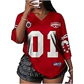WDIRARA Women's Oversized Jersey Shirts Number Graphic Tee V Neck Half Sleeve T-Shirt Tops
