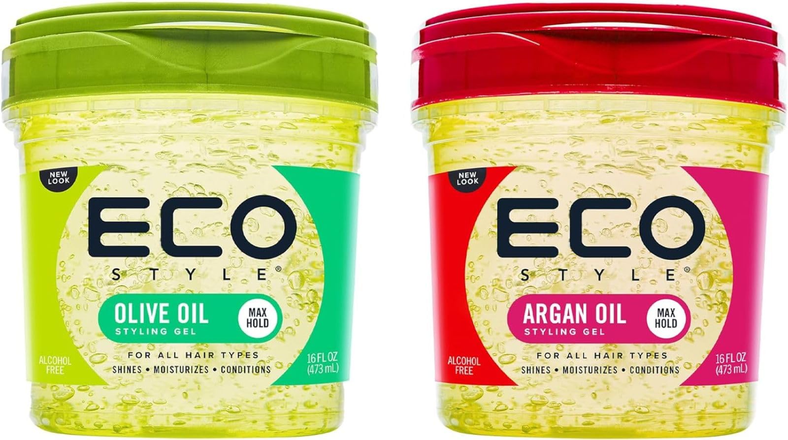 Eco Style Hair Styling Gel Set, 1 x Olive Oil 473 ml & 1 x Argan Oil 473 ml, Eco Styler, Hydrate and Style, Alcohol-Free