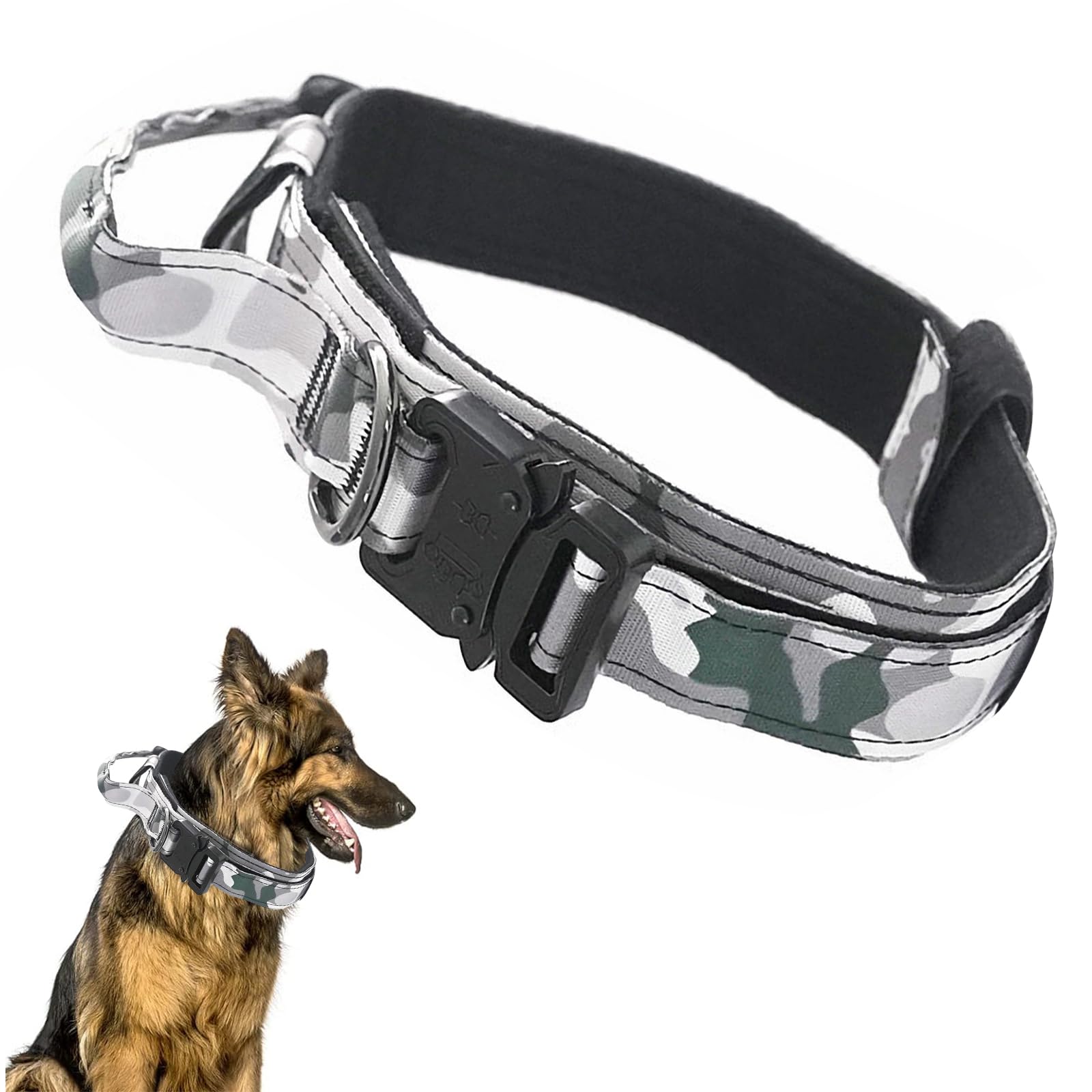 Ledeak Tactical Dog Collar, Padded Breathable Soft Nylon Pet Collar with Heavy-Duty Metal Buckle, Adjustable Basic Military Dog Collar with Handle for Medium Large Dogs (Camouflage White, XL)