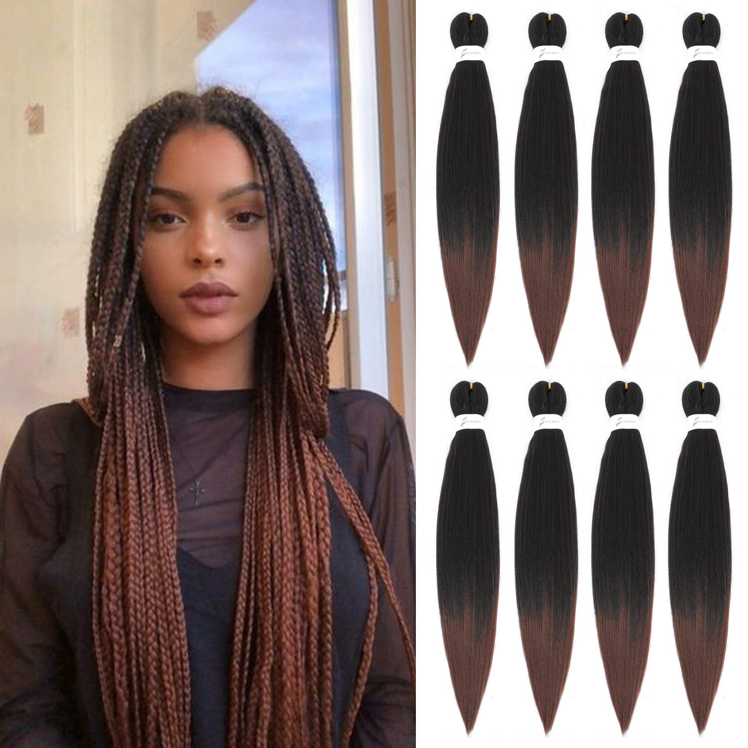 Originea 8 Packs Pre Stretched Braiding Hair 26 inch Yaki Texture EZ Braids Extensions Hair for Braiding Hot Water Setting Synthetic Hair Extensions (#T1B/30)