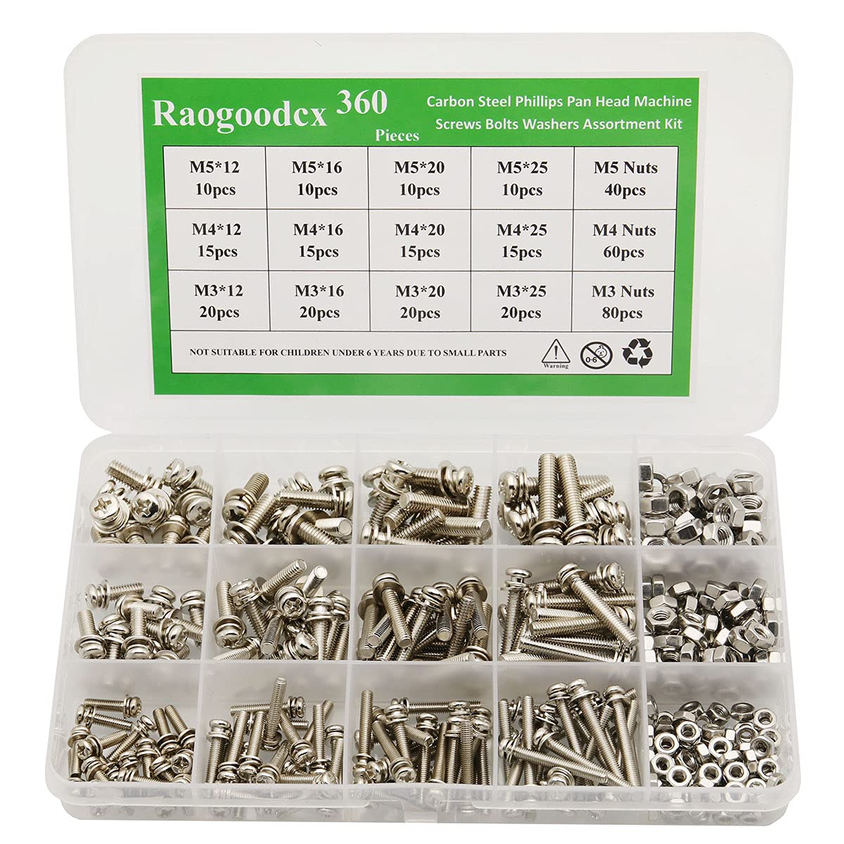 360 Pieces M3 M4 M5 Phillips Pan Head Screws Bolt Nut Lock Flat Washers Machine Screws Assortment Kit