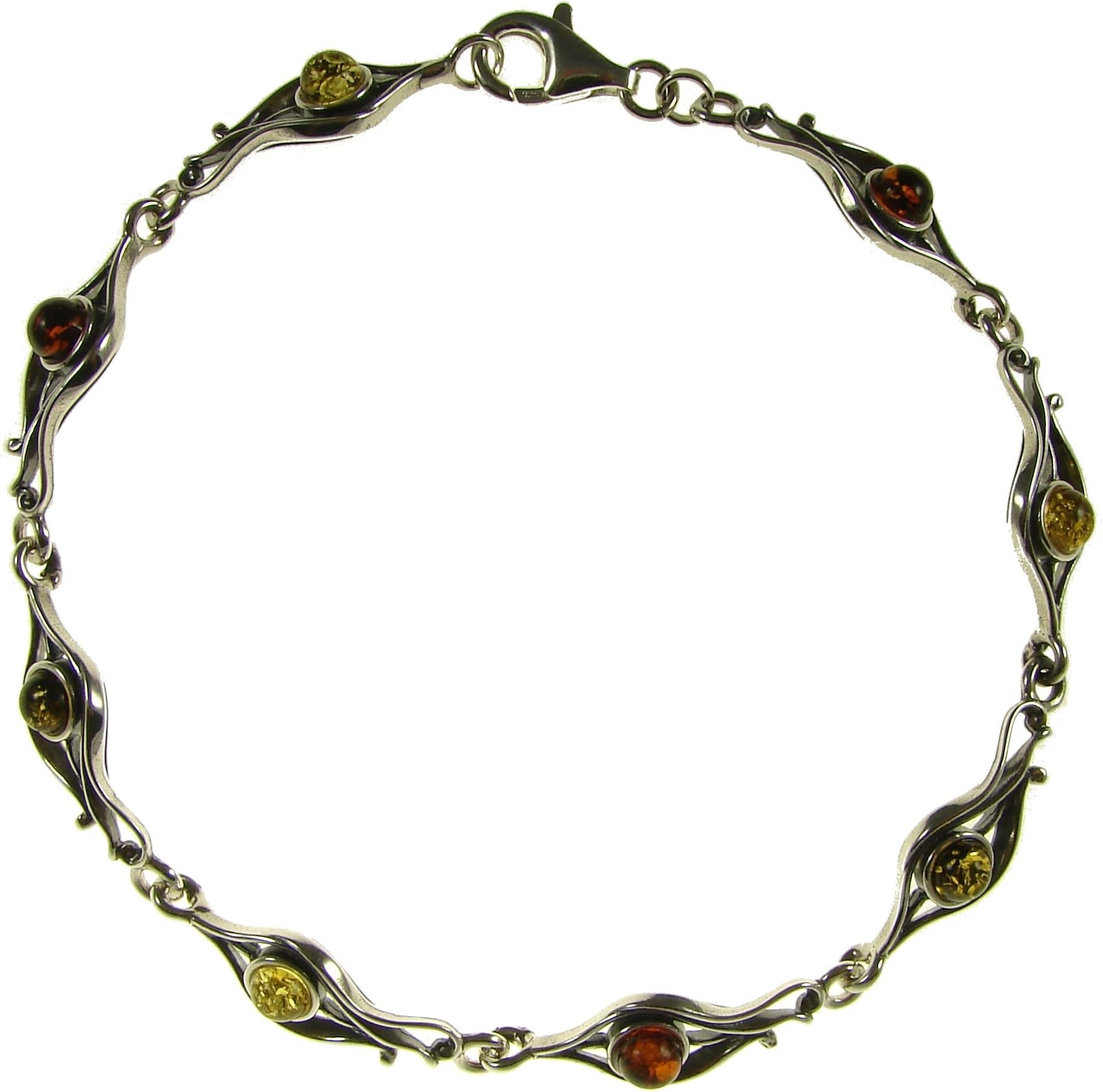 8" inch/20cm baltic amber and sterling silver 925 ladies' multi-coloured bracelet jewellery jewelry