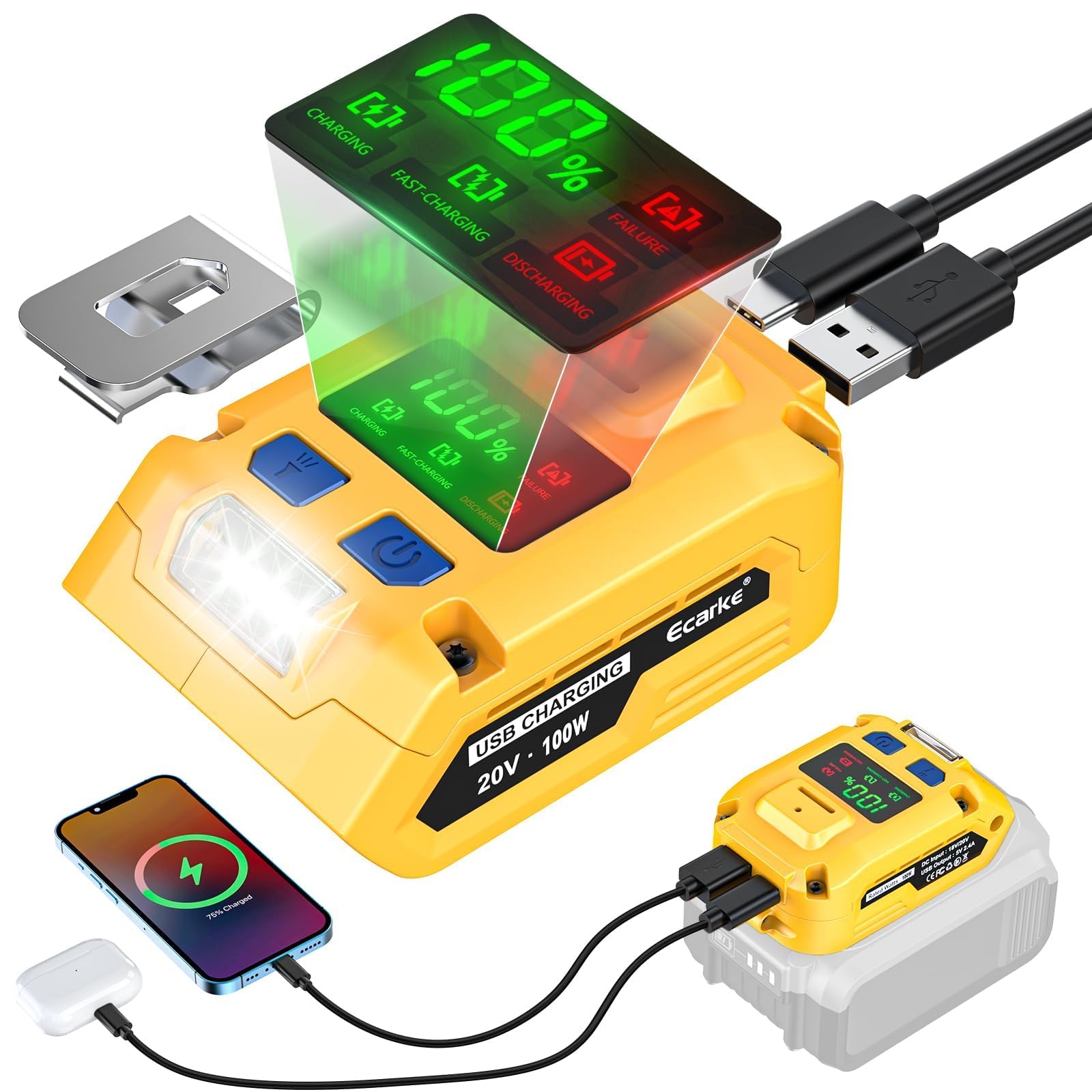 Photo 1 of Ecarke Battery Charger Adapter Compatible with DeWALT 20V Battery: with USB Wall Charging Kit - 100W Bidirectional Portable Charger 20v for Battery Charge,Phone,Laptop Computer,Soldering Iron