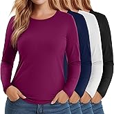 Oakgarden 4 Pack Women's Plus Size Long Sleeve Shirts, Crew Neck Slim Fit Tunic T Shirt Casual Basic Tops