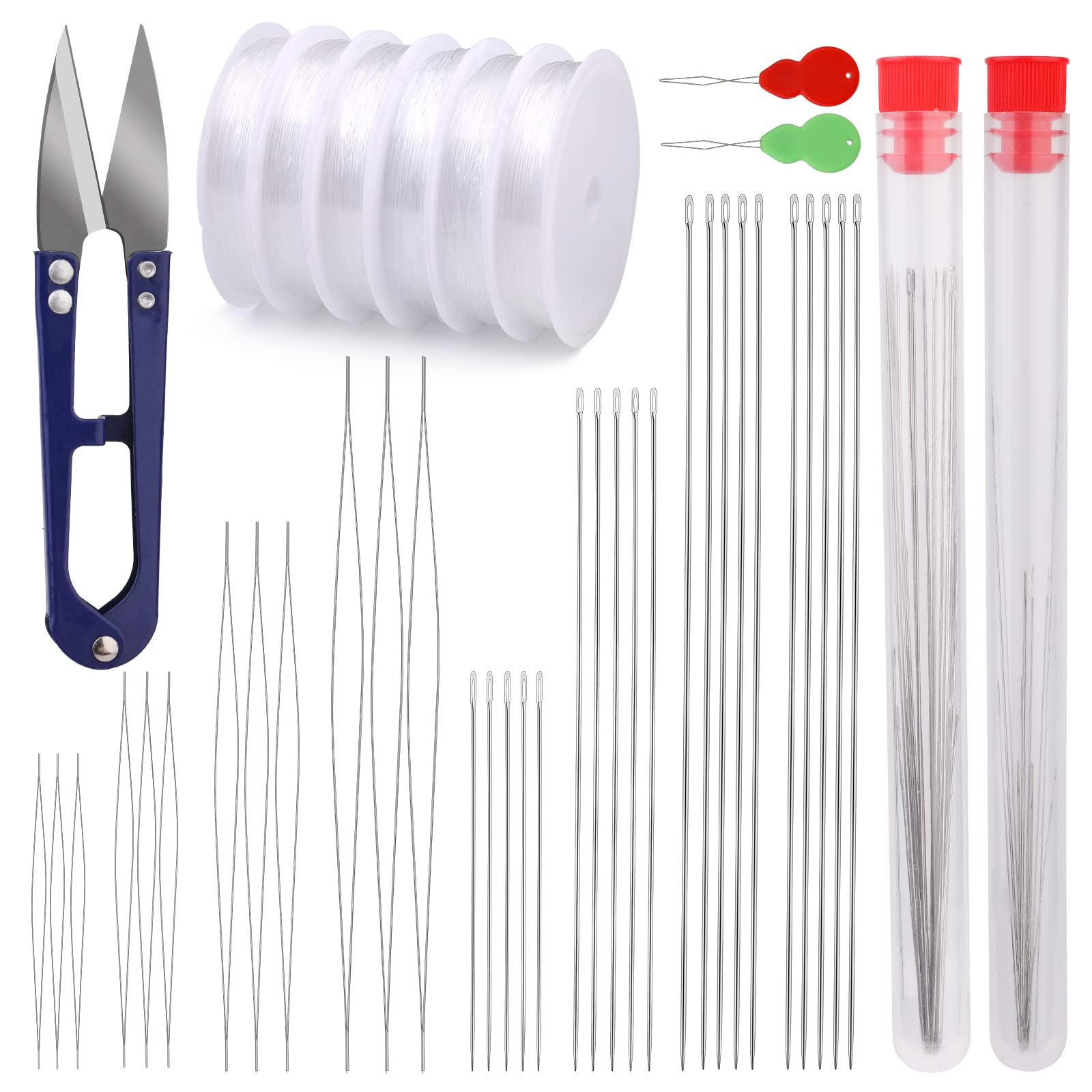 SUVSOON 43 Pcs Beading Needles Set, 20 Pcs/4 Sizes Long Straight Beading Needle, 12Pcs/4 Sizes Big Eye Beading Needles, 0.6mm/6 Rolls Elastic String and Threaders for Jewelry Bracelet Necklace Making