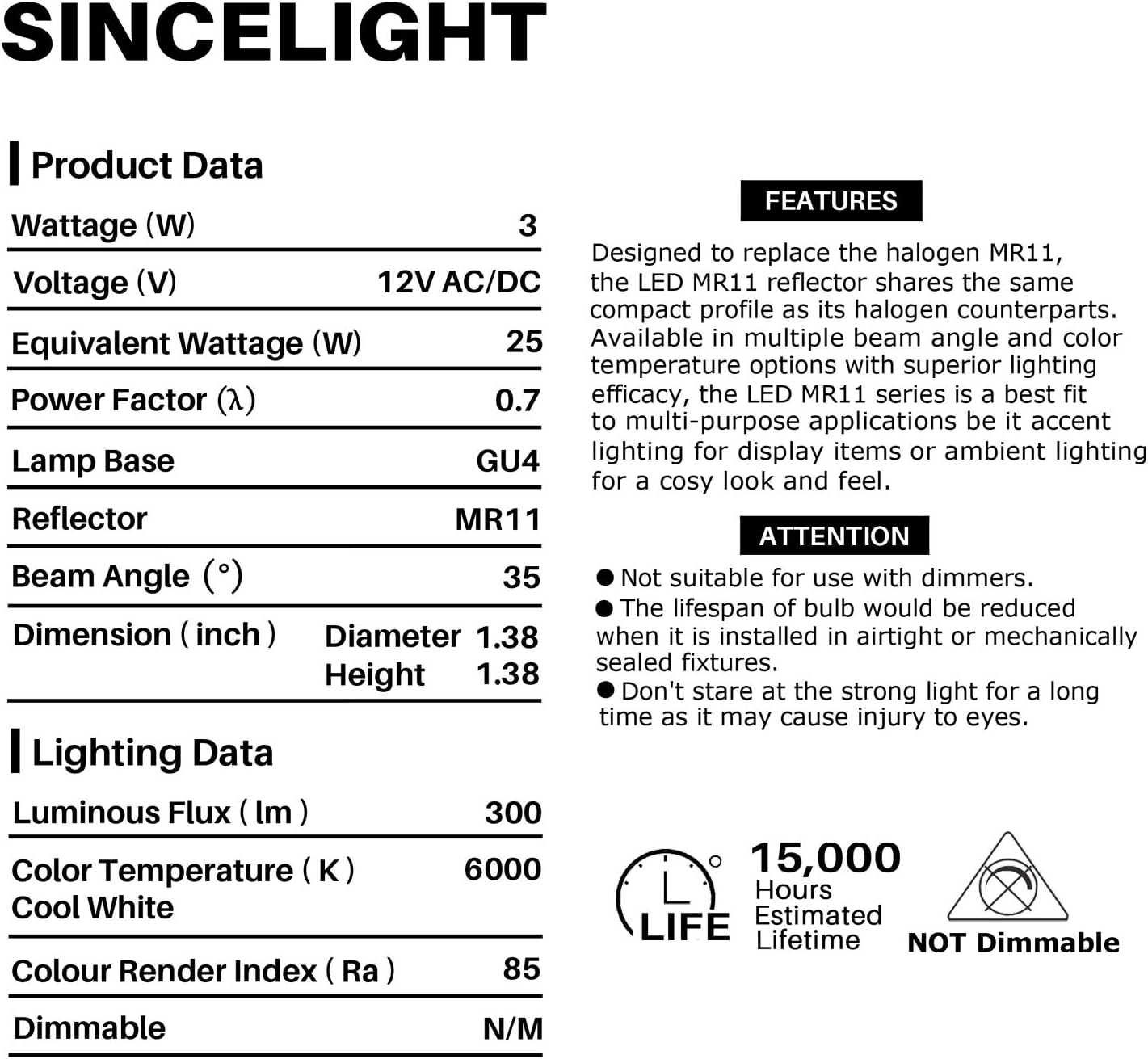 SINCELIGHT MR11 GU4 12V LED Small Spotlight Bulb diameter 35mm Reflector, 3W, 280 Lumens, 25W Halogen Equivalent - Image 4