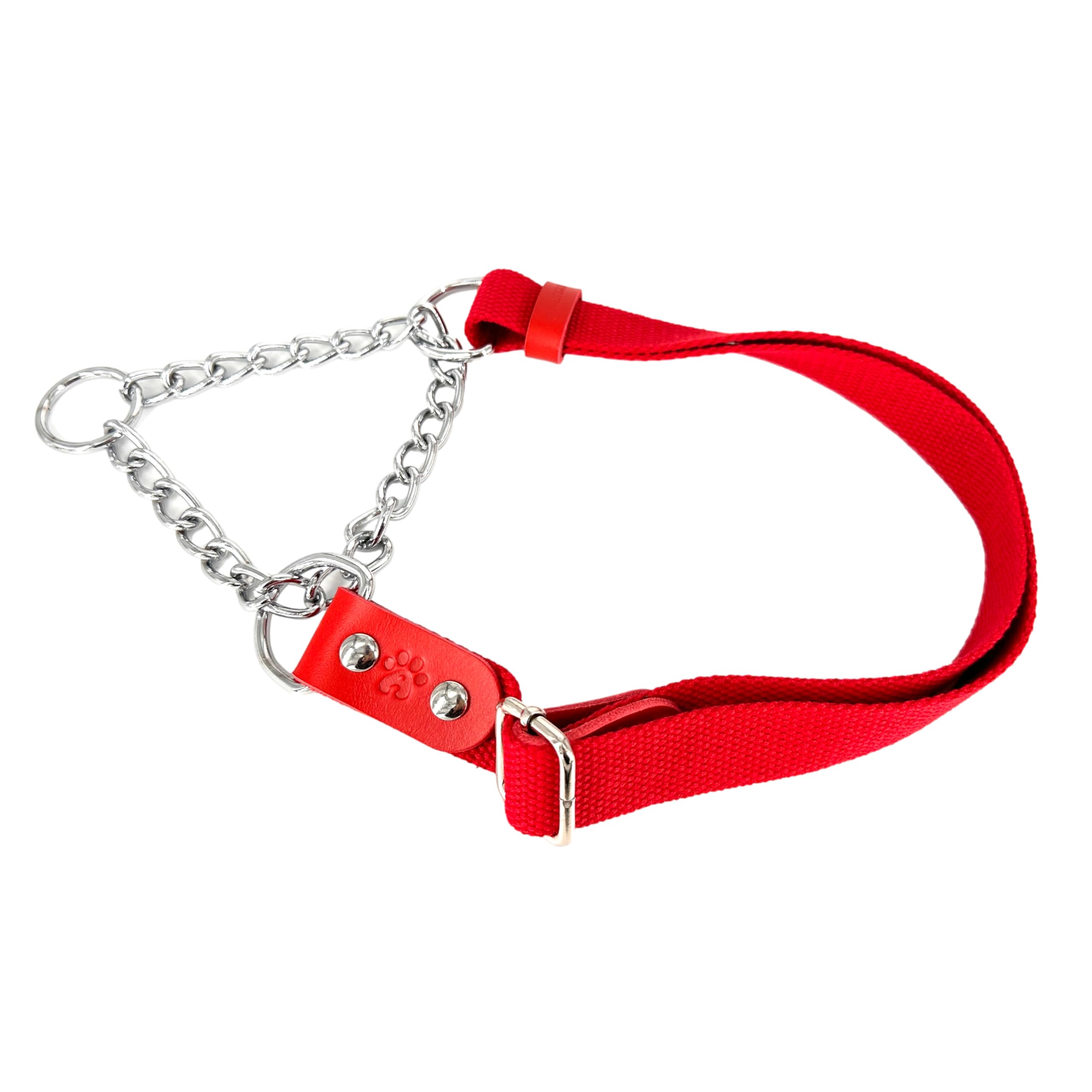Dog Martingale Choke Collar with Chain and Leather, Antipull. M. Red & Red