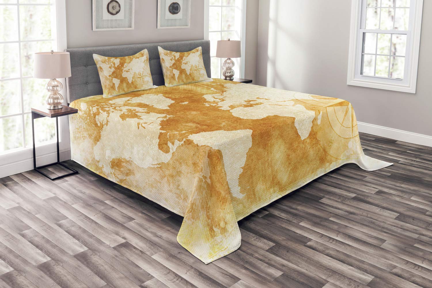 ABAKUHAUS Compass Bedspread Set, Old Fashioned World Map, Decorative Quilted 3 Piece Coverlet Set with 2 Pillow Shams, Cream Tan