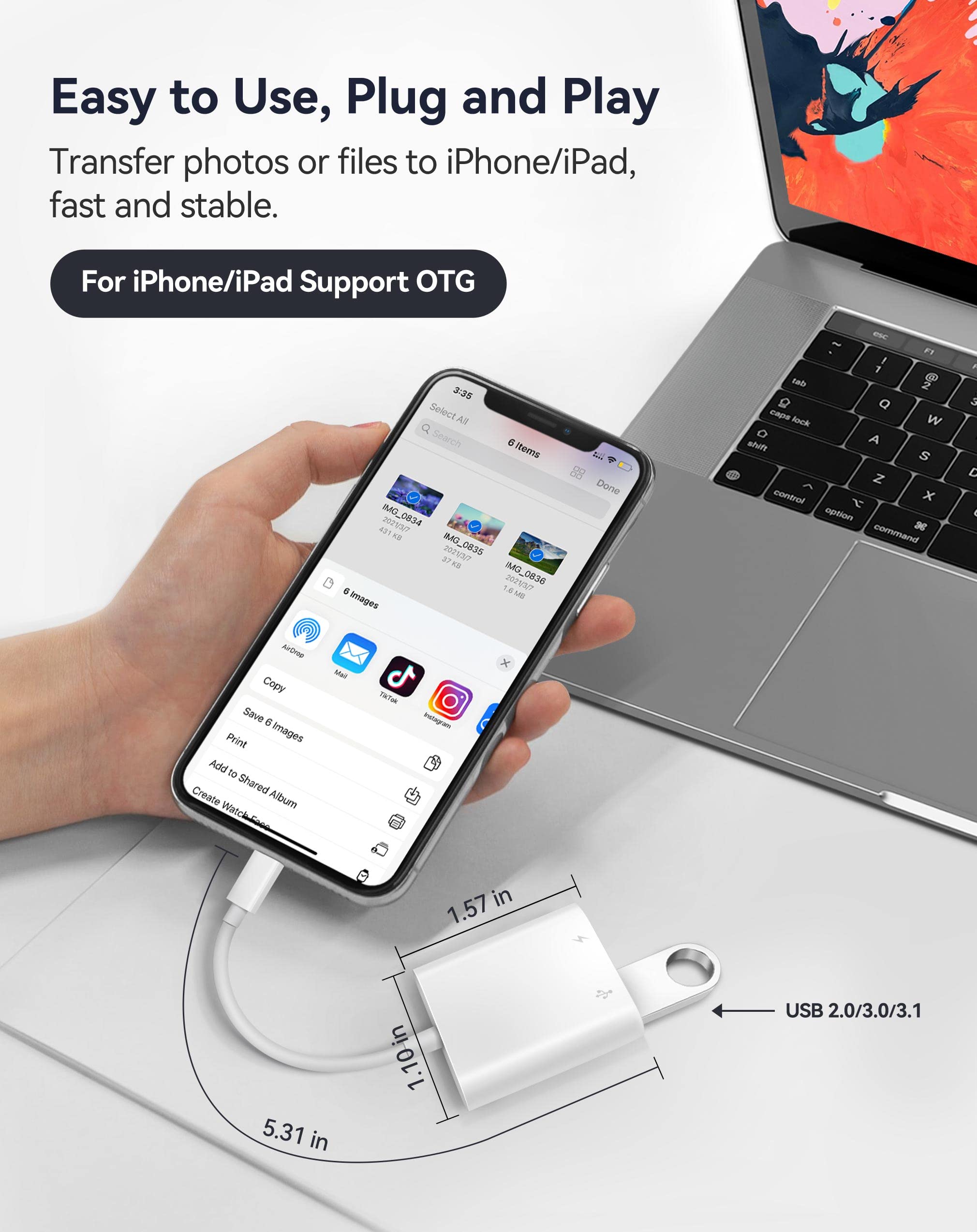 USB Adapter for iPhone iPad, iPhone to USB Adapter with Charging Port, USB3 Female Adapter Supports USB Flash Drive/Hard Disk/SD Card Reader/Microphone and MIDI, Plug & Play