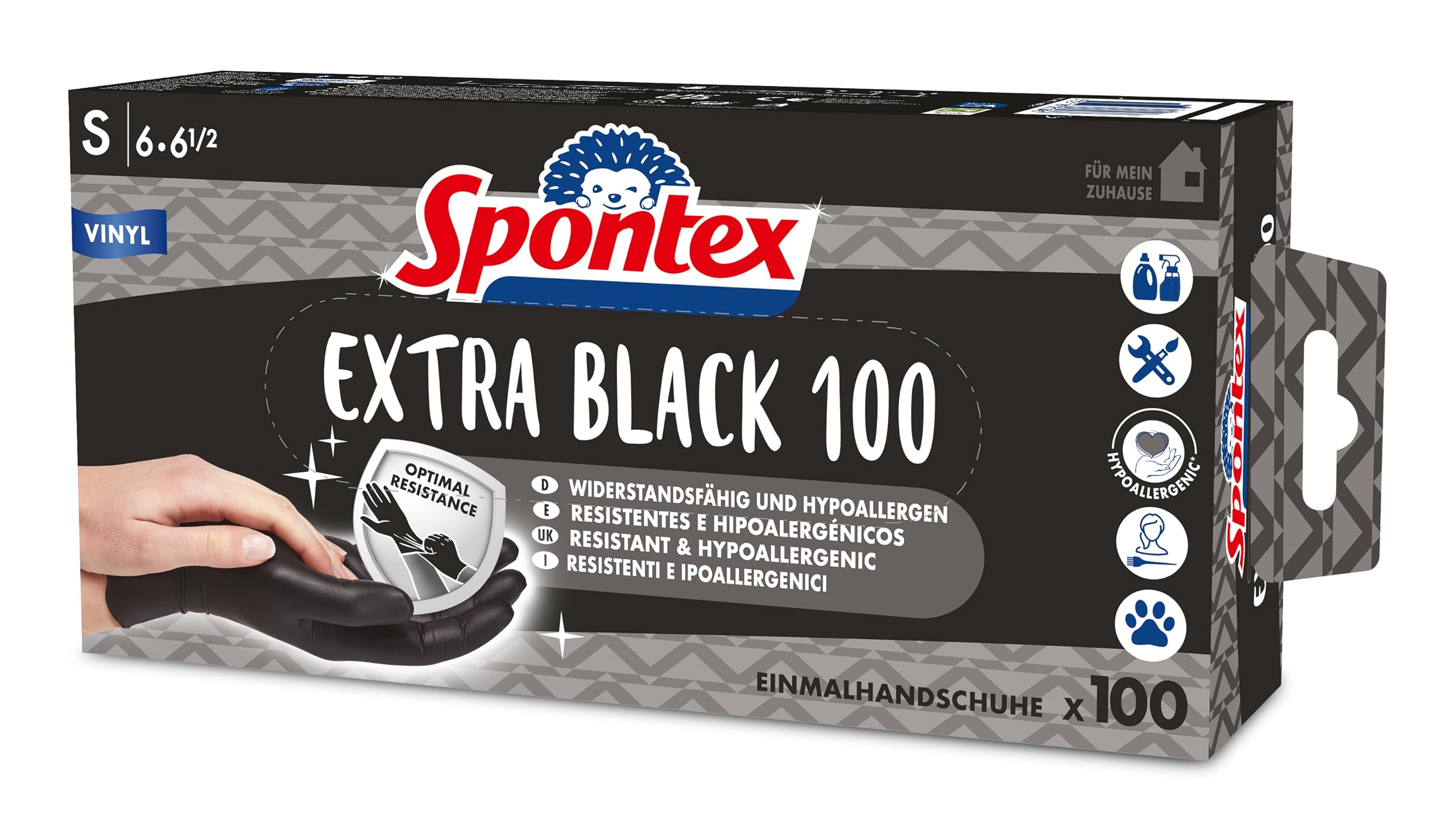 Spontex Extra Black Disposable Vinyl Gloves, Powder-Free and Latex-Free, Versatile, in Practical Dispenser Box, Size S, Pack of 100, Black