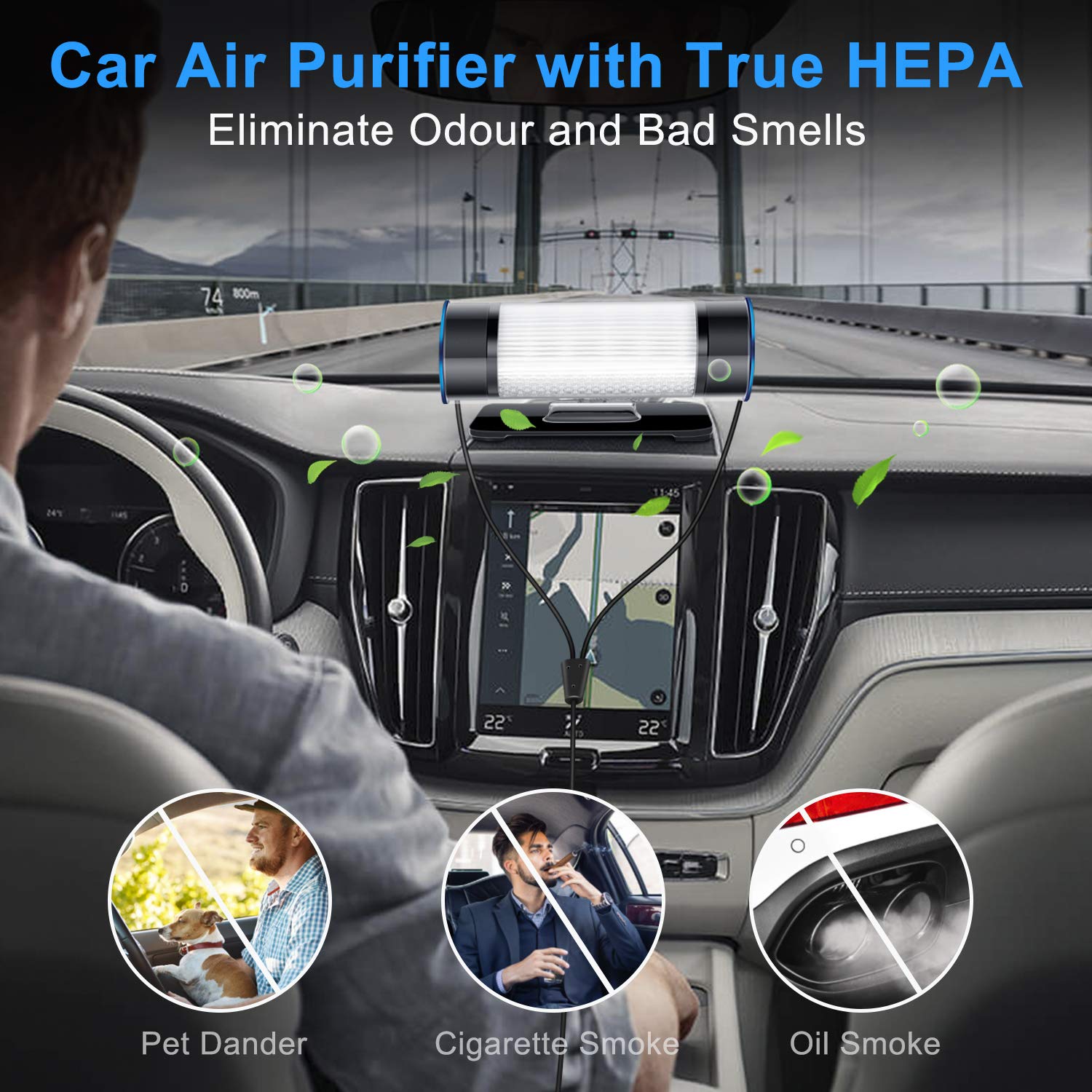 QUEENTY HEPA Car Air Purifier, High Efficiency Carbon Filter, Eliminates Smoke, Dust, Pollen and Bad Odors for Auto and Small Space
