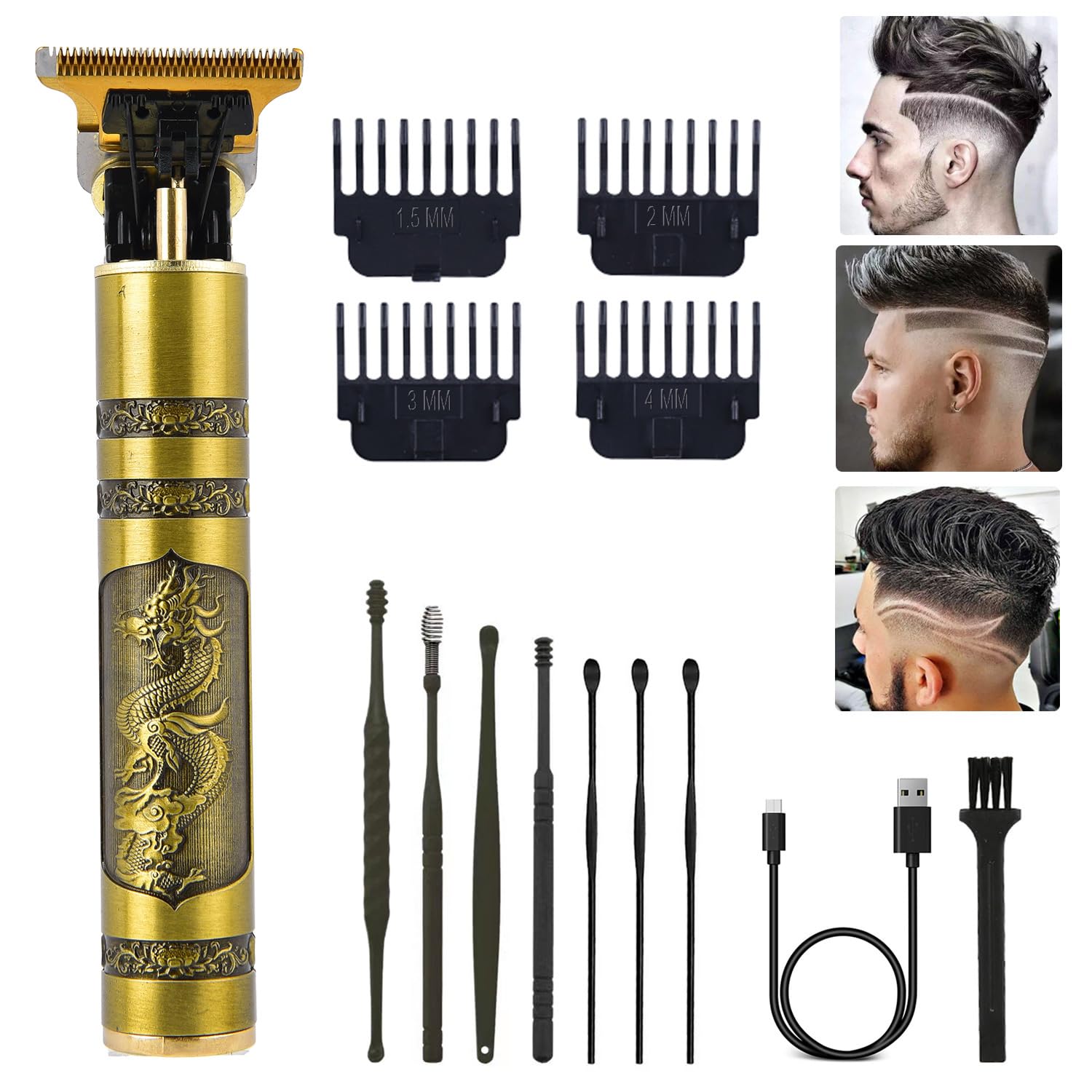 Professional Cordless Hair Trimmer, T-Blade Hair Clippers for Men, Zero Gapped Trimmer Rechargeable Beard Trimmer Edgers Clippers Hair Cutting Kit with Guide Combs, (Dragon Phoenix)