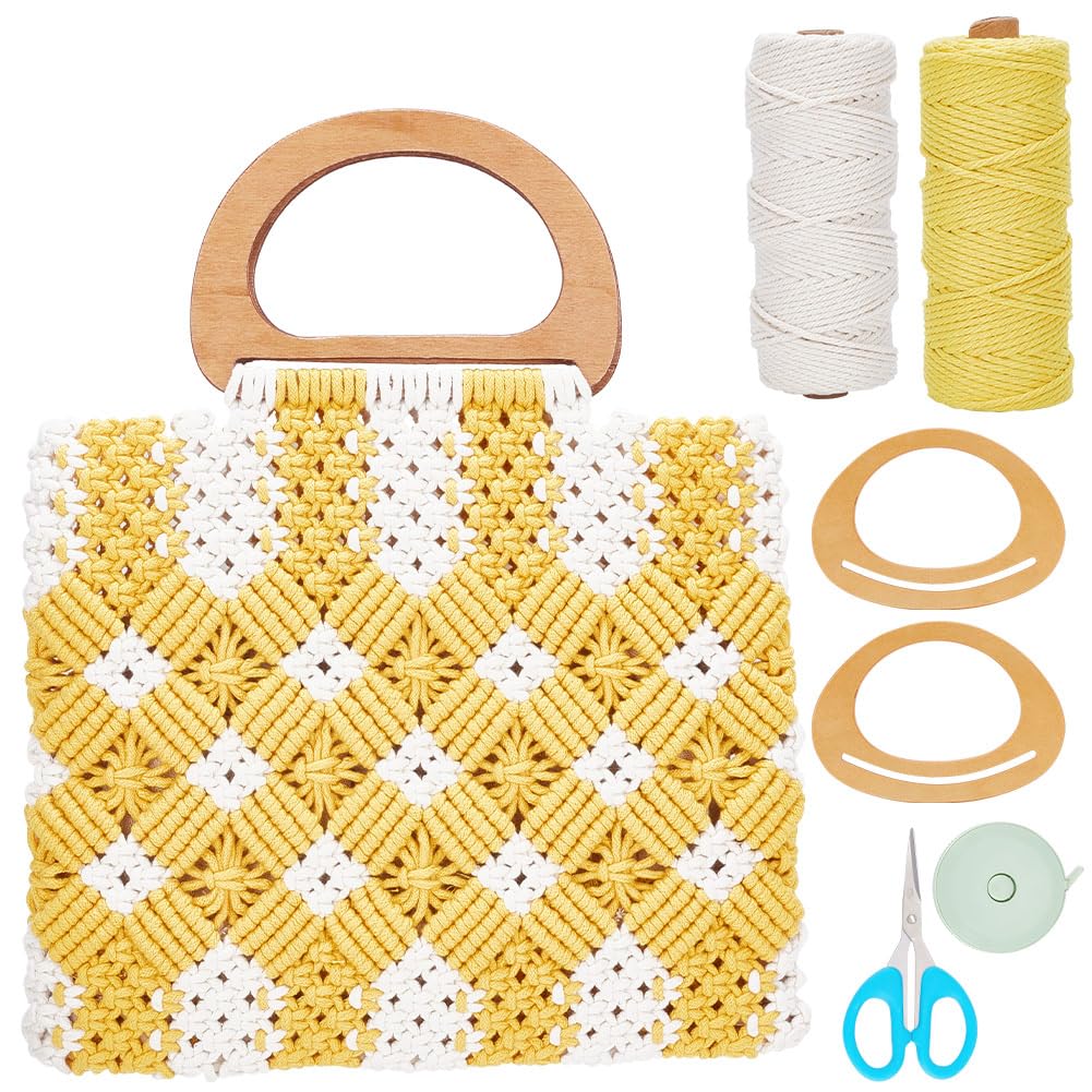 WEBEEDY DIY Macrame Handbag Making Kit Bohemian Handbag Bag Supplies for Adults Beginners, Includes 3mm/0.12" Macrame Cord, Wooden Bag Handle for Women Holiday Beach Decor, with Video Instruction
