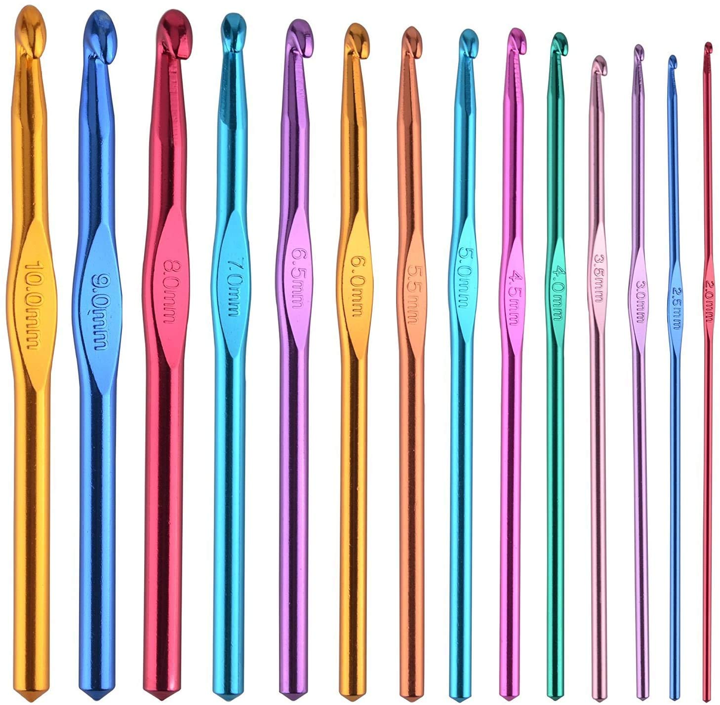 BCMRUN 14 pcs Multicolor Aluminum Crochet Hooks Knitting Needles Craft Yarn 2-10mm