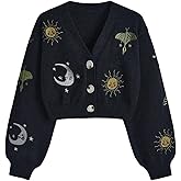 BEAUDRM Women's Cropped Cardigan Boho Gothic Floral Embroidery Long Sleeve V Neck Button Down Knitwear Spring Sweater