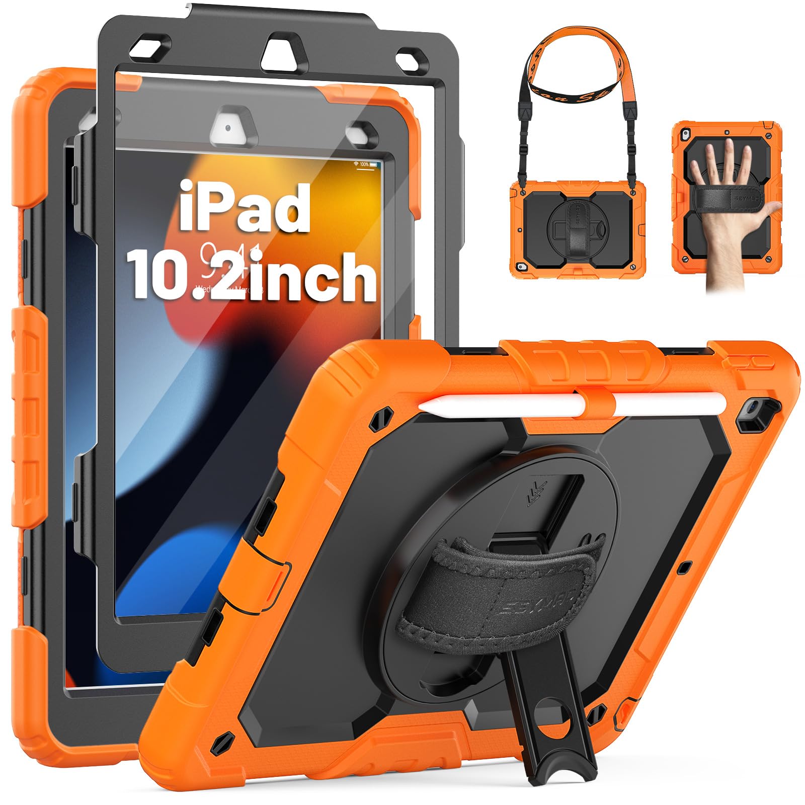 SEYMAC Case for iPad 9th/8th/7th Generation 2021/2020/2019 10.2 inch, Shockproof Case with Screen Protector, 360 Degree Rotating Stand/Hand Strap, Pen Holder for iPad 10.2 Inch, Orange