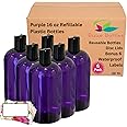 Baire Bottles 16 oz Empty Plastic Bottles with Squeeze Top for Shampoo Bottles, Lotion Bottle, Hand Sanitizer, 6 Pack, Waterproof Labels, PET, BPA Free USA (Purple with Black Disc, Floral Labels)