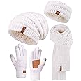 Womens Winter Beanie Hat Scarf Gloves Headband Set, Slouchy Beanie Ear Warmer Knit Scarf Touchscreen Gloves Warm 4 Gift Set