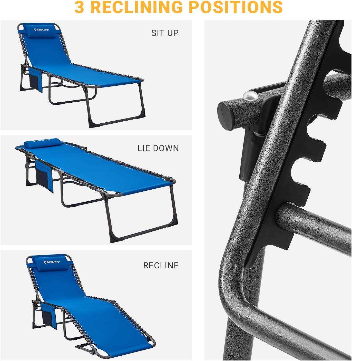 KingCamp Adjustable 4-Position Outdoor Chaise Lounge Chair Heavy Duty Camping Recliner Folding Cot with Pillow Pocket for Patio Garden Yard Lawn Sunbathing Beach Pool, Supports 265lbs: Sports & Outdoors
