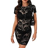 Rooscier Women's See Through Floral Lace Bodycon Crew Neck Short Sleeve Sexy Party Club Mini Dress