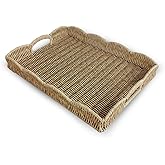 Serving Tray with Scalloped Edge, Rectangular Wicker Tray with Handles, Ideal for Breakfast or Meals in Bed and on Sofa, Decorative Coffee Table Tray to Enhance Dining (Beige)