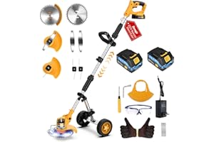 DENQIR Electric Weed Wacker, Cordless Weed Eater Battery Powered 21V 2000mAh, 4-in-1 Grass Trimmer/Brush Cutter/Mini-Lawn Mower/Wheel Edger, Wheel Weed Trimmer Height Adjustable, 5 Blade,2 Battery,1 Charger