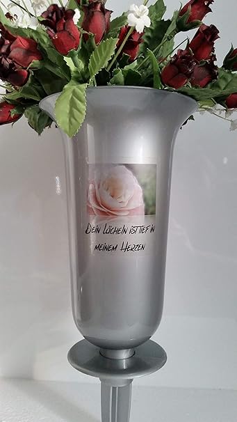 pol-plast Friedhofsvase Grabvase mit Bodenhülse abnehmbar 32,7 x 13cm Silber, mit Spruch