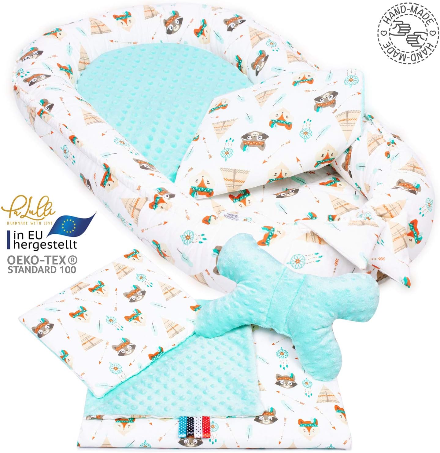 5 piece set. PALULLI Premium Cuddly Nest Set Including Baby Nest 90 x 50 cm Removable Insert Cuddle Blanket Neck Pillow Flat Pillow for Babies 100 % Cotton Oeko Tex