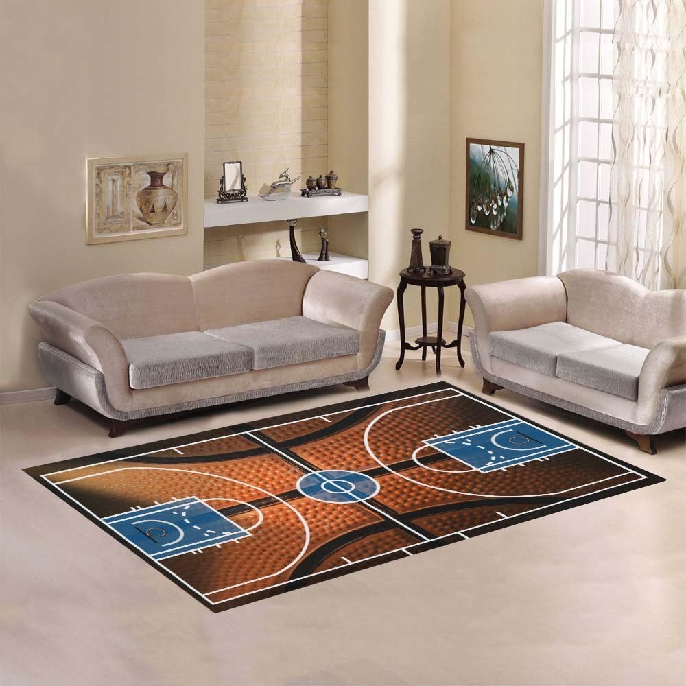 Custom Sports Basketball Court Area Rug Floor Mat 7' x 5' Feet, Boy's Playtime Basketball Arena Print Playroom Carpet Rugs for Playroom Home Living Room Decoration