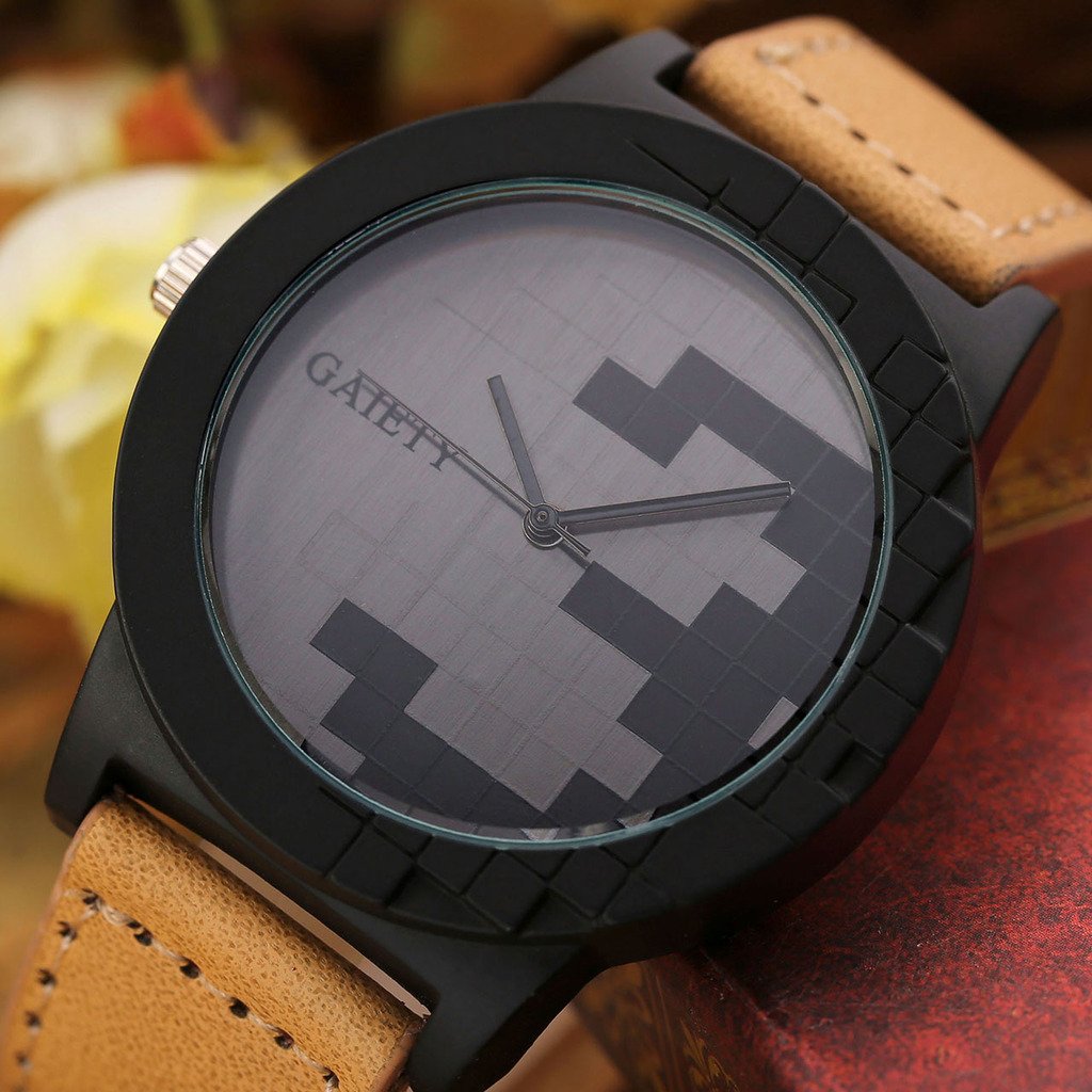 Top Plaza Men\'s 30M Waterproof Beige PU Leather Band Analog Quartz Watch, Left-Handed Crown, Cube Grains Dial