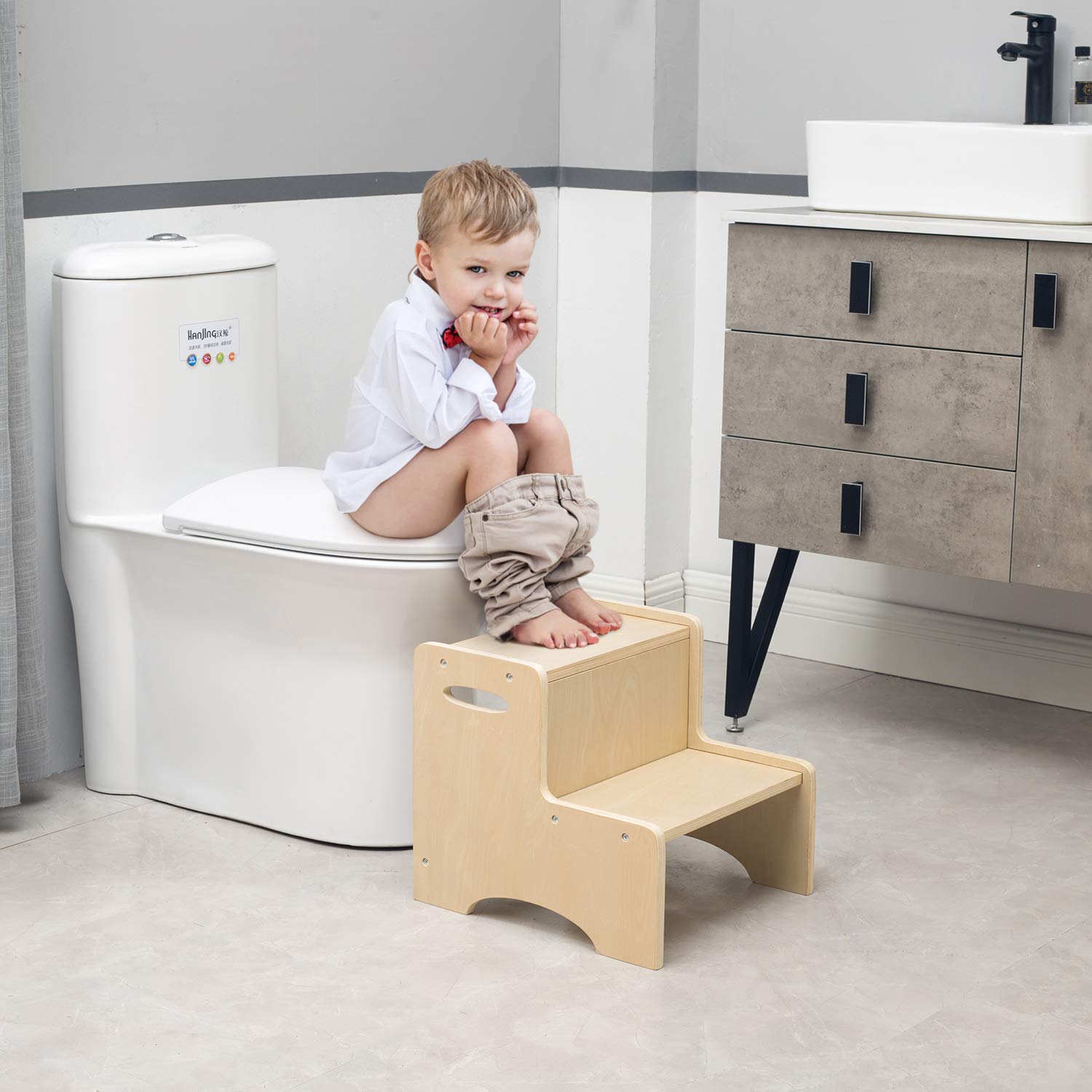 Wooden Toddler Step Stool for Kids, WOOD CITY Bathroom Potty Stool & Kitchen Stool, Two Step Stool for Bedroom, Children's Stool with Handles and Safety Non-Slip Pads : Baby