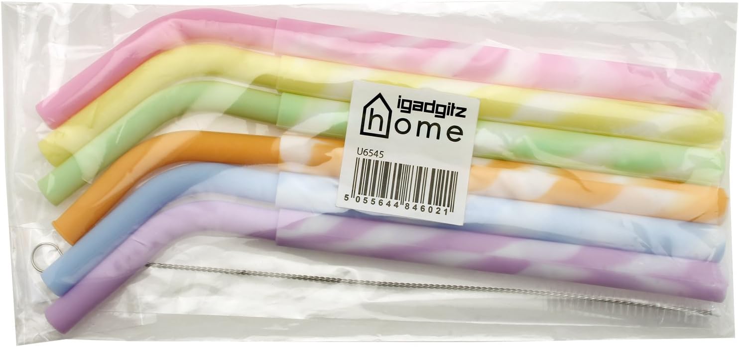 igadgitz home Reusable 100% Food Grade BPA Free Soft Silicone Straight & Bendy Drinking Straws with Metal Cleaning Brushes - Image 5