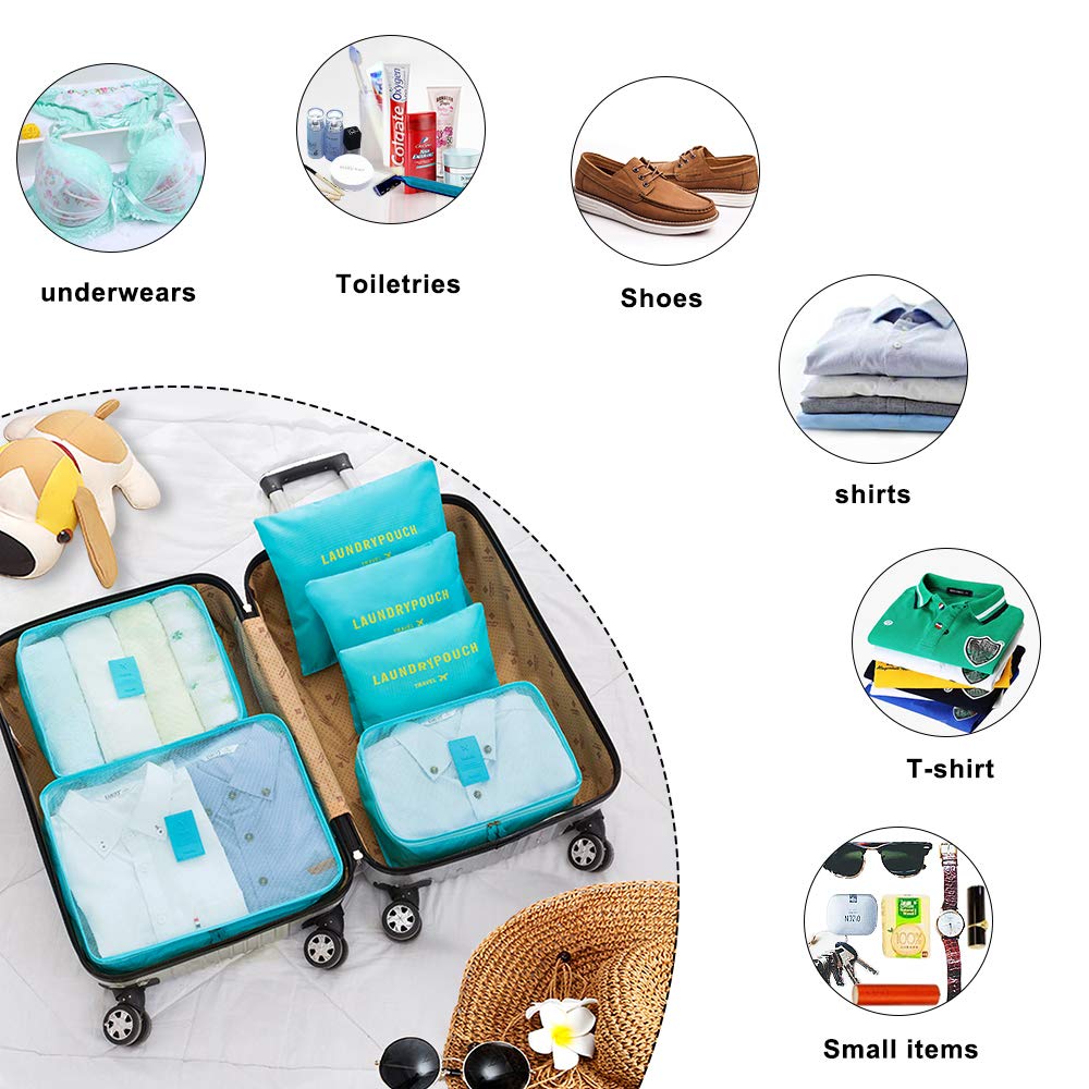 aKing Packing Cubes Set of 6 Travel Organizers with Laundry Bag for Travel Compression(Blue)