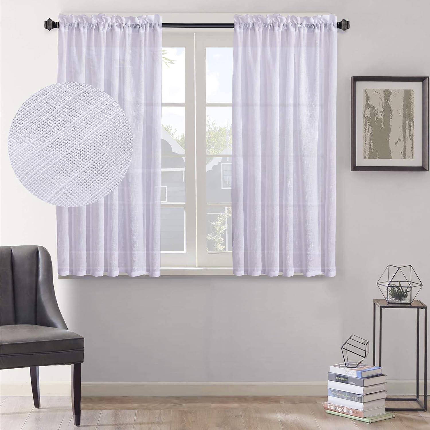 Home Brilliant White Linen Look Curtains Window Voile Panels Sheer Curtains for Bedroom Kitchen Closet Tier Curtains Rod Pocket - Image 3