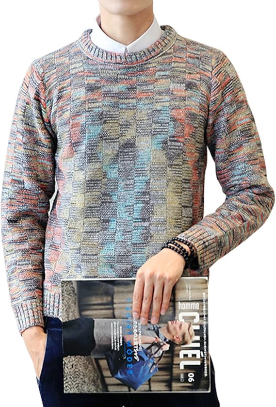 Amazon オリログ Allylog メンズ ニット セーター クルーネック ブロック 柄 ニットセーター 秋 冬 丸首 セーター 通販
