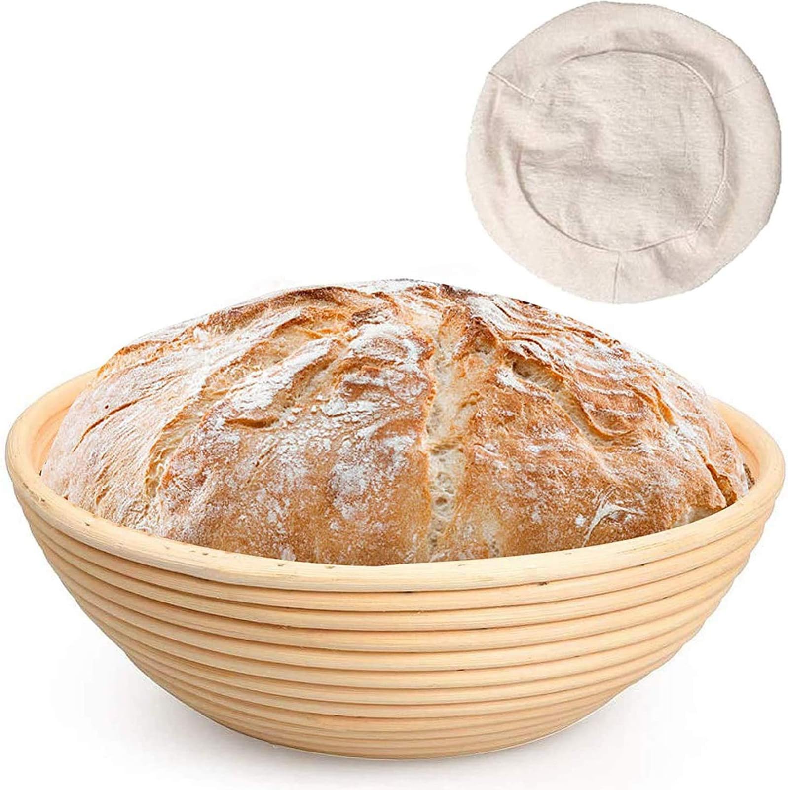 Sibosen 9 Inch Round Bread Banneton Proofing Basket, Natural Rattan Baking Bowl Dough Sourdough Bread Starter w/Cloth Liner